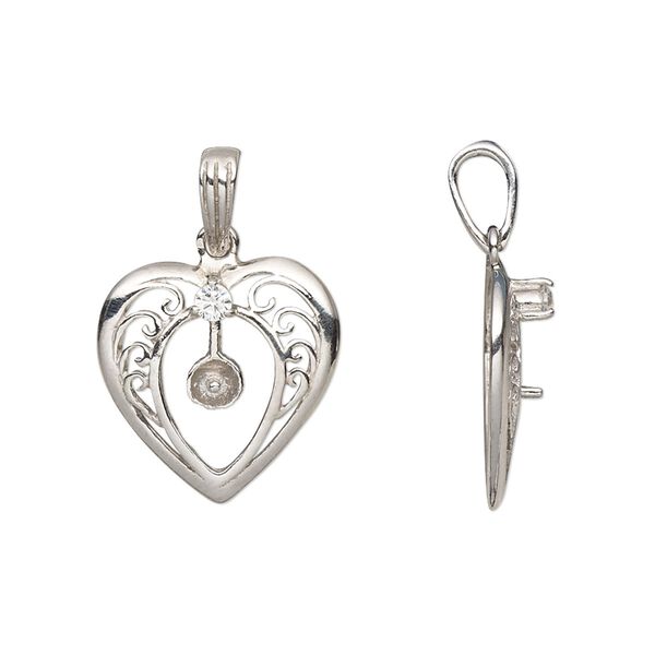 Pendant, cubic zirconia and rhodium-plated sterling silver, clear, 16.5x16mm single-sided heart with 4mm cup and 1.5mm peg, fits 4-6mm half-drilled round bead. Sold individually. image number 0