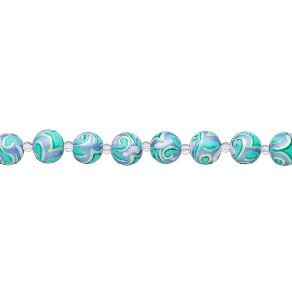 Bead, glass 1pkg8, grey / teal / purple, 14mm hand-painted round. image number 1