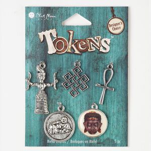 Focal and drop, resin and antique silver-finished "pewter" (zinc-based alloy), clear, assorted size and shape. Sold per pkg of 5 pieces.