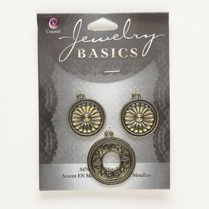 Drop assortment, antique brass-finished brass, (1) 26mm textured open round and (2) textured round with flower. Sold per pkg of 3.