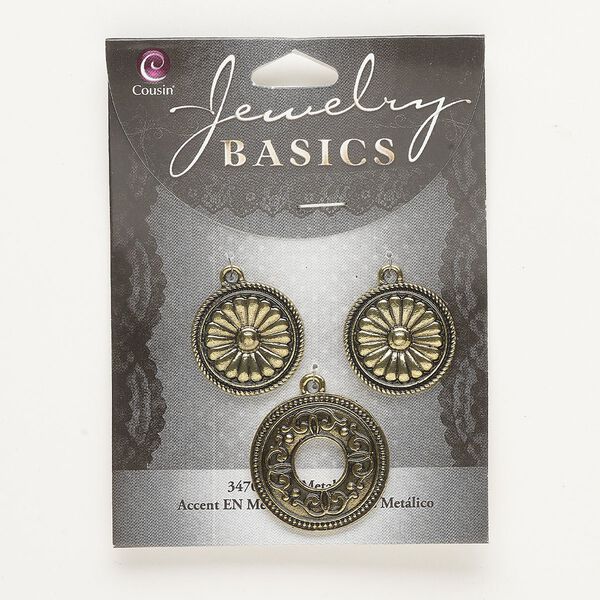 Drop assortment, antique brass-finished brass, (1) 26mm textured open round and (2) textured round with flower. Sold per pkg of 3. image number 0
