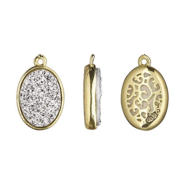 Drop, Druzylite™, "druzy" (resin) and gold-finished brass, silver, 15.5x11.5mm two-sided oval with open filigree back. Sold per pkg of 4. image number 0