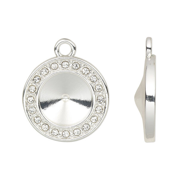Drop, Almost Instant Jewelry®, cubic zirconia and silver-finished "pewter" (zinc-based alloy), clear, 18mm single-sided round with SS47 rivoli glue-in setting. Sold per pkg of 2. image number 0