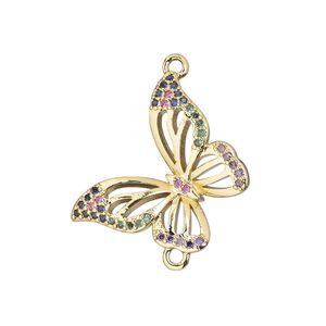 Link, cubic zirconia and gold-finished brass, multicolored, 20.5mm single-sided butterfly. Sold individually.