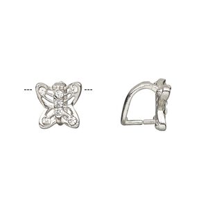 Bail, ice-pick, Egyptian glass rhinestone and imitation rhodium-plated brass, clear, 10x9mm butterfly, 7mm grip length. Sold per pkg of 6.