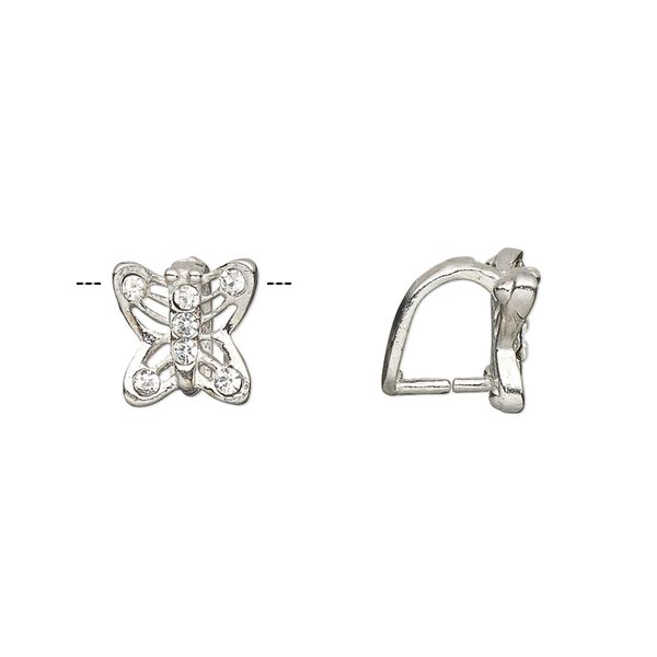 Bail, ice-pick, Egyptian glass rhinestone and imitation rhodium-plated brass, clear, 10x9mm butterfly, 7mm grip length. Sold per pkg of 6. image number 0