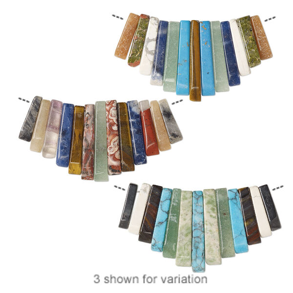 Focal mix, multi-gemstone (natural / dyed / imitation), multicolored, 26x10mm-29x12mm graduated fan. Sold per 13-piece set. image number 0