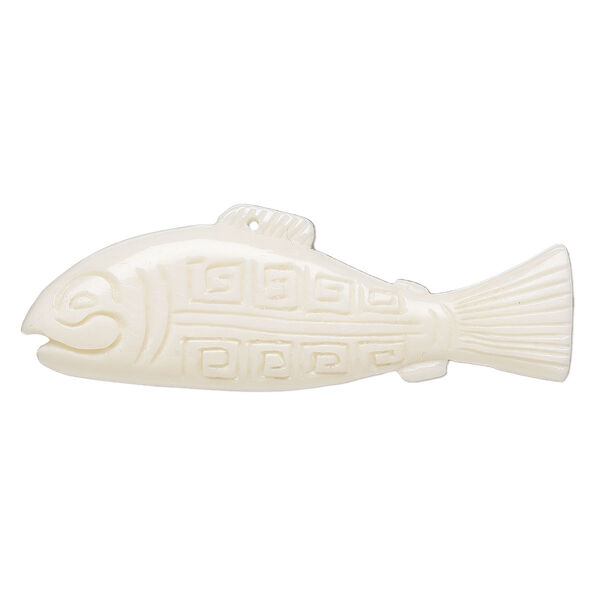 Focal, bone (bleached), 58x22mm hand-cut single-sided carved salmon, Mohs hardness 2-1/2. Sold individually. image number 0