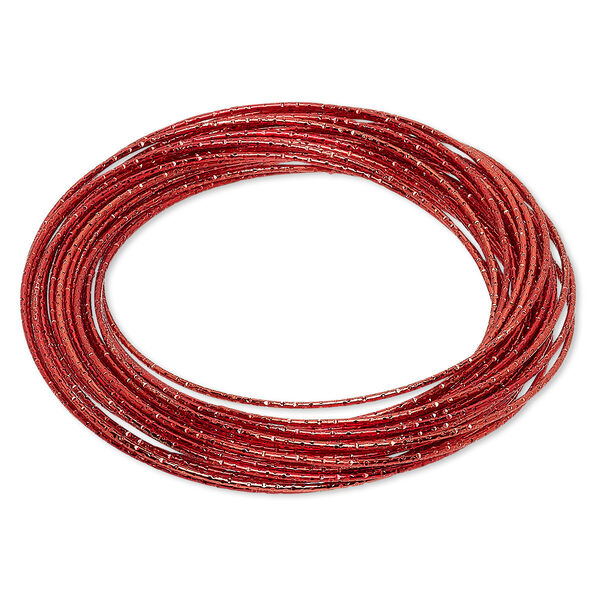 Bracelet, bangle, enameled steel, red, (26-30) 1mm wide interlocking textured bands, 8 inches. Sold individually. image number 0