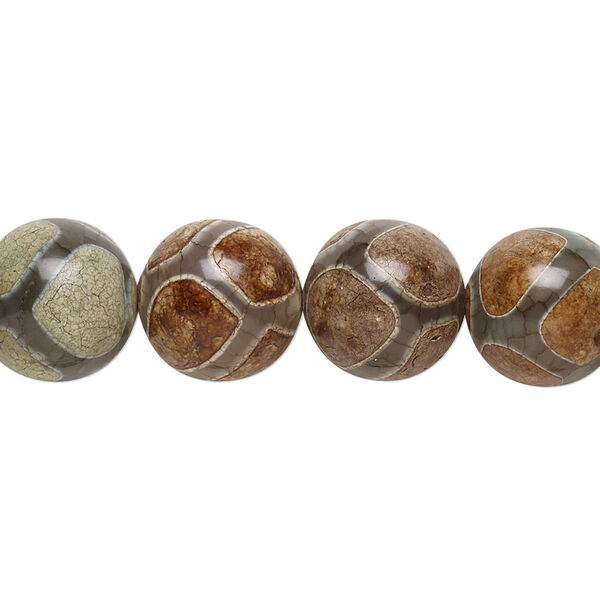 Bead, agate (dyed / heated), dark green / rusty tan / brown, 12mm round, B- grade, Mohs hardness 6-1/2 to 7. Sold per 8-inch strand, approximately 15 beads. image number 0