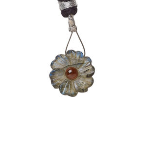 Labradorite / garnet 1pkg1, top-drilled hand-cut 1sided carved flower bead natural, 14mm