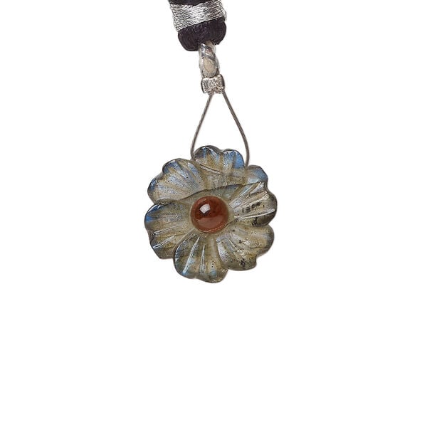 Labradorite / garnet 1pkg1, top-drilled hand-cut 1sided carved flower bead natural, 14mm image number 0