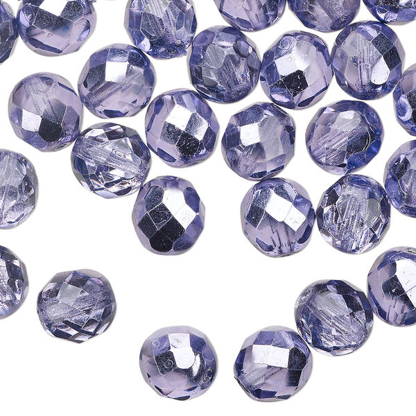 Bead 1pkg50 Czech fire-polished glass, 8mm faceted round, opaque half-coated metallic lilac image number 0