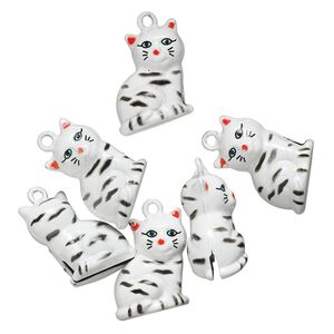 Bell, brass and enamel, white / black / red, 21x18mm cat with clapper. Sold per pkg of 6.