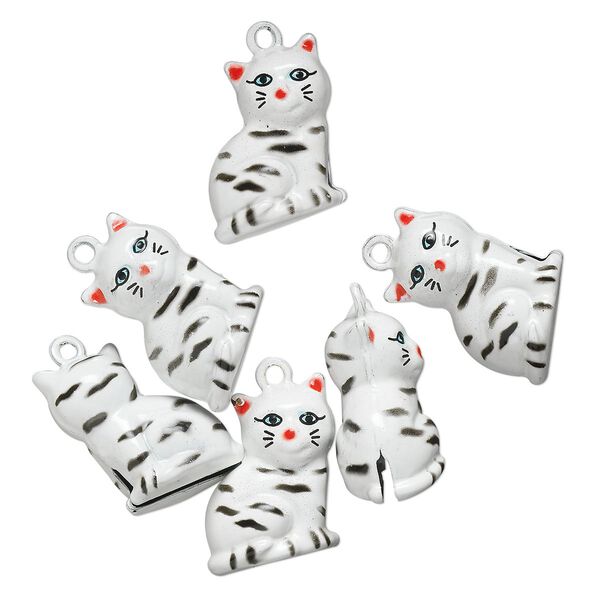 Bell, brass and enamel, white / black / red, 21x18mm cat with clapper. Sold per pkg of 6. image number 0