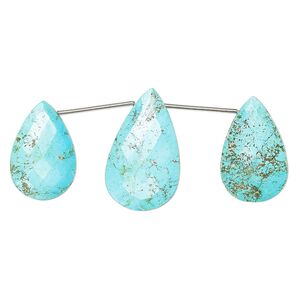 Imperial crown turquoise 1pkg3, hand-cut top-drilled faceted puffed teardrop bead natural 25x15mm-28x18mm / 28x18mm-32x19mm