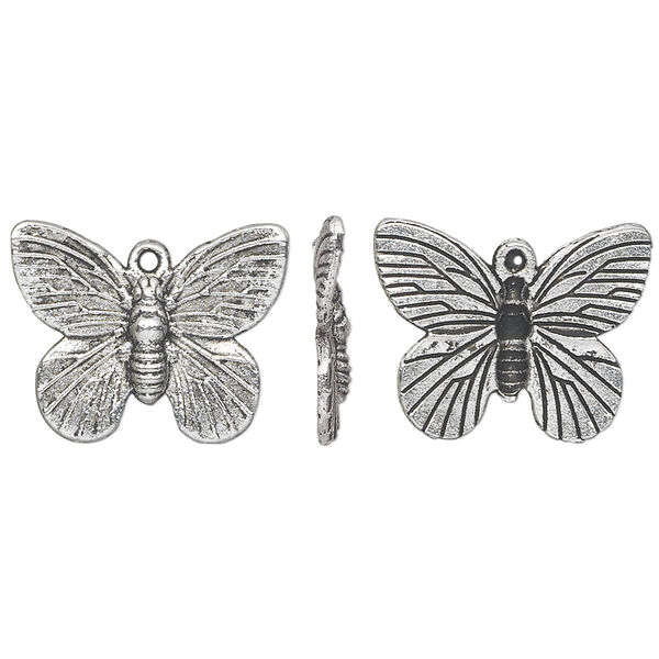Charm, antique silver-plated "pewter" (zinc-based alloy), 18x14mm double-sided butterfly. Sold per pkg of 20. image number 0