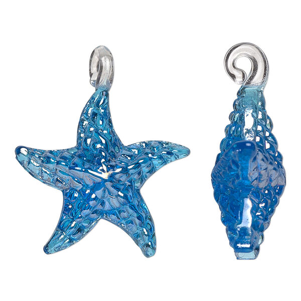 Pendant, lampworked glass, blue luster, 30x24mm double-sided starfish. Sold per pkg of 2. image number 0