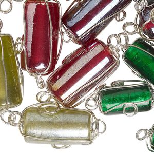 Link mix, lampworked glass and silver-finished "pewter" (zinc-based alloy), mixed colors, 23x8mm-29x18mm round tube. Sold per pkg of 50