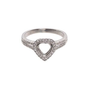 Ring, cubic zirconia and rhodium-plated sterling silver, clear, 11.5mm wide with open back and 6mm heart glue-in setting, size 9. Sold individually.