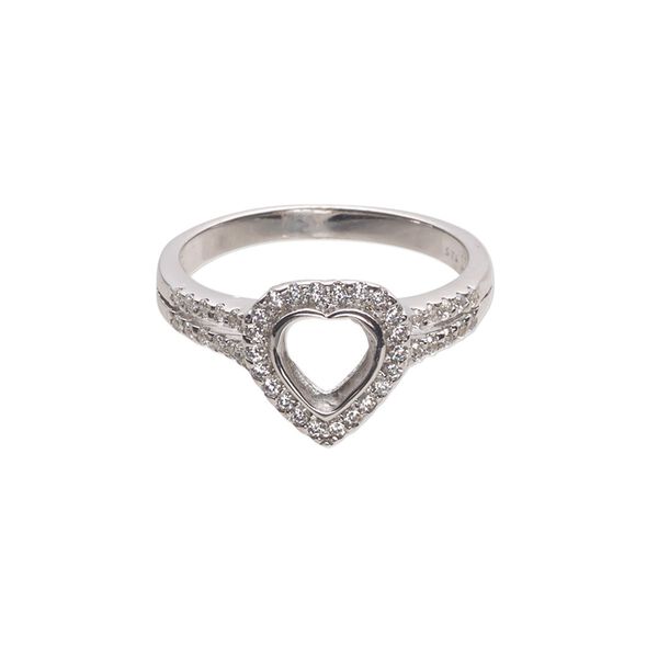 Ring, cubic zirconia and rhodium-plated sterling silver, clear, 11.5mm wide with open back and 6mm heart glue-in setting, size 9. Sold individually. image number 0