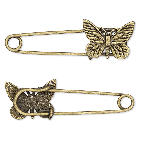 Brooch pin, antique brass-plated "pewter" (zinc-based alloy), 2-1/4 x 3/4 inches with 22x16mm single-sided butterfly. Sold per pkg of 2. image number 0