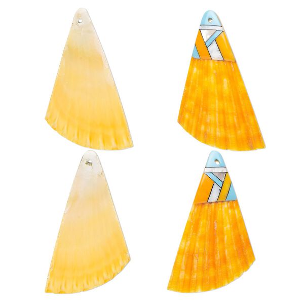 Focal, sea scallop shell / multi-shell / resin (dyed/assembled), orange / turquoise blue / multicolored, 50x33mm single-sided right- and left-facing half shells, Mohs hardness 3-1/2. Sold per pkg of 2. image number 0