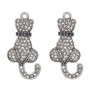 Focal, antique silver-finished "pewter" (zinc-based alloy) and glass, clear and black, 30x17mm single-sided cat. Sold per pkg of 2.