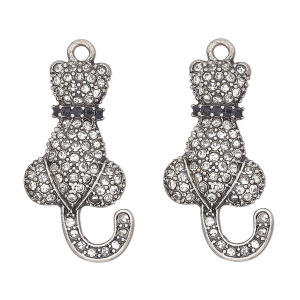 Focal, antique silver-finished "pewter" (zinc-based alloy) and glass, clear and black, 30x17mm single-sided cat. Sold per pkg of 2. image number 0
