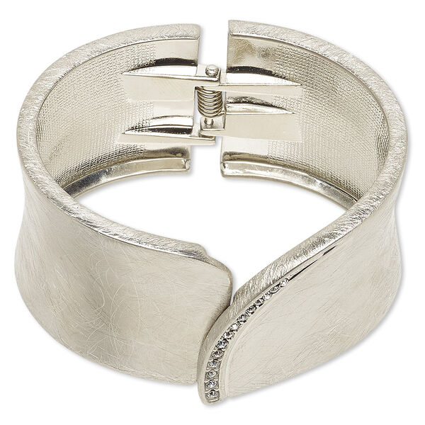 Bracelet, hinged bangle, glass rhinestone with imitation rhodium-plated steel and "pewter" (zinc-based alloy), clear, 37mm brushed oval, 6-1/2 inches. Sold individually. image number 0