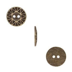 Button, antiqued brass-finished "pewter" (zinc-based alloy), 12.5mm single-sided flat round with sunburst design. Sold per pkg of 50.