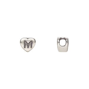 Bead, sterling silver, 7.5x7mm heart with alphabet letter "M." Sold individually.