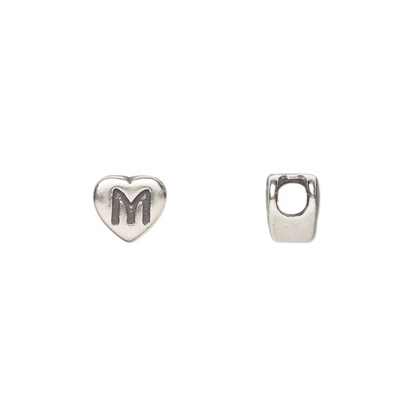 Bead, sterling silver, 7.5x7mm heart with alphabet letter "M." Sold individually. image number 0