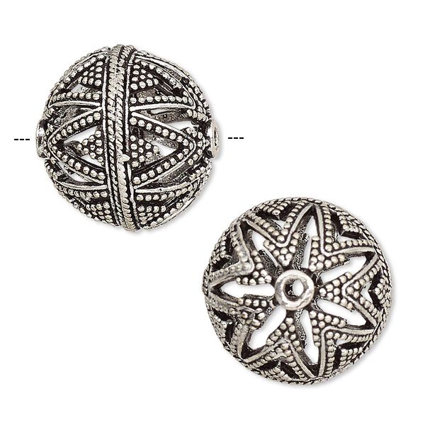 Bead, antique silver-plated brass, 19mm beaded round with triangle and rope design and cutouts. Sold individually. image number 0