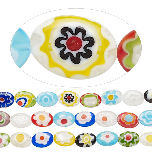Bead mix, millefiori glass, translucent multicolored, 14x10mm puffed oval with flower design. Sold per pkg of (3) 14-inch strands. image number 0