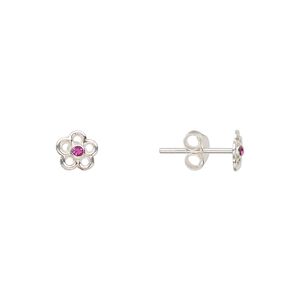 Earstud, Create Compliments®, sterling silver and crystal, fuchsia, 6mm flower. Sold per pair.