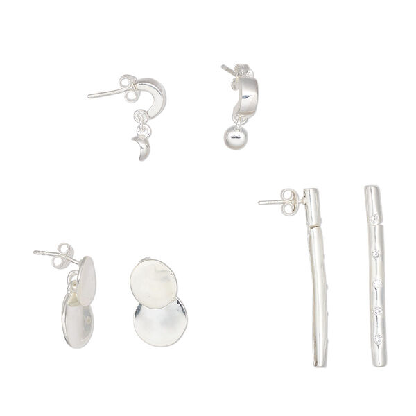 Earstud mix, Create Compliments®, sterling silver, 3/4" to 3" dangle. Sold per pkg of 3 pairs. image number 0