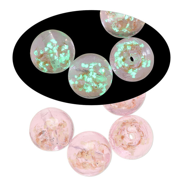 Bead, lampworked glass, clear / pink / glow-in-the-dark / gold, 14mm round. Sold per pkg of 4. image number 0