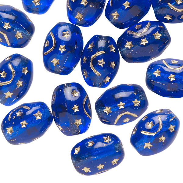 Bead, Preciosa, Czech pressed glass, translucent light cobalt blue, 12x9mm barrel with gold painted moon and stars. Sold per pkg of 16. image number 0