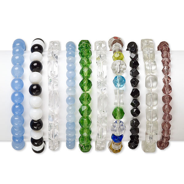 Bracelet mix, stretch, glass and cat's eye glass, mixed colors, 4mm-14x10mm mixed shape, 5 inches. Sold per pkg of 10. image number 0