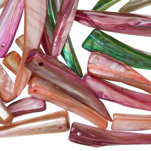 Bead mix, mother-of-pearl shell (dyed), pink / green / orange, 33x7mm top-drilled talon, Mohs hardness 3-1/2. Sold per 2-ounce pkg. image number 0