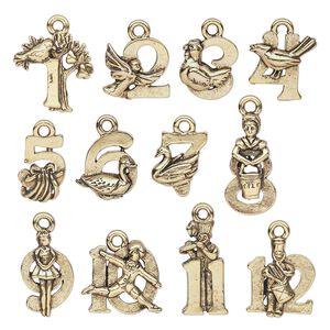 Charm, antique gold-plated pewter (tin-based alloy), assorted double-sided Twelve Days of Christmas theme. Sold per 12-piece set.