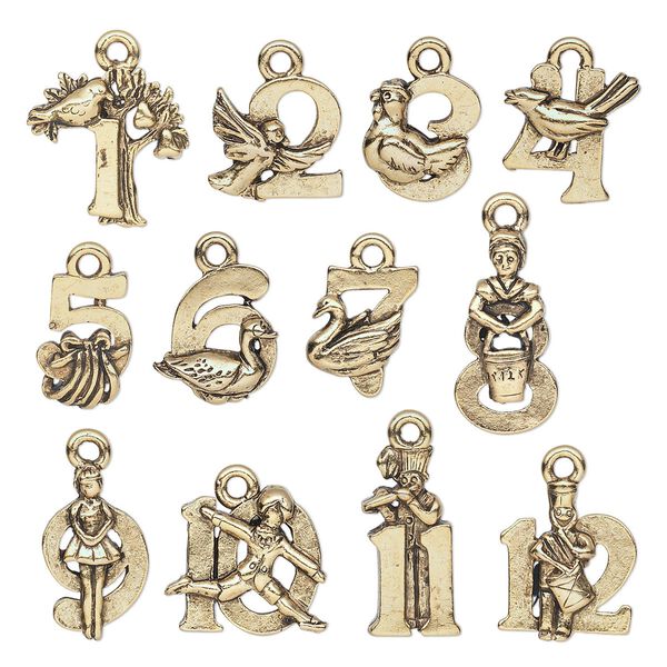 Charm, antique gold-plated pewter (tin-based alloy), assorted double-sided Twelve Days of Christmas theme. Sold per 12-piece set. image number 0