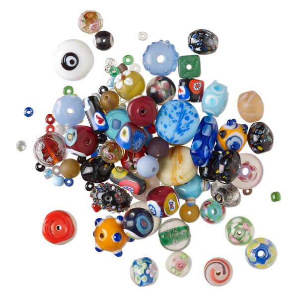 Bead mix, lampworked glass, pkg/4 ounces, 8mm-28x16mm top-drilled and center-drilled mixed shapes, opaque and translucent mixed colors. image number 0
