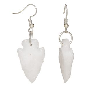 Earring, Everyday Jewelry, white agate and silver-finished brass, 25x14-35x20mm hand-knapped arrowhead with fishhook ear wire. Sold per pair.