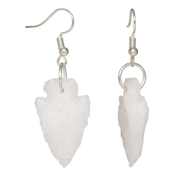 Earring, Everyday Jewelry, white agate and silver-finished brass, 25x14-35x20mm hand-knapped arrowhead with fishhook ear wire. Sold per pair. image number 0
