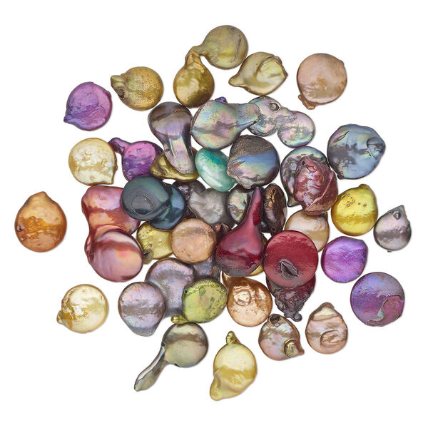 Pearl, cultured freshwater pearl (dyed), mixed colors, 12x11mm-28x16mm flat round, Mohs hardness 2-1/2 to 4. Sold per 2-ounce pkg, approximately 40 beads. image number 0
