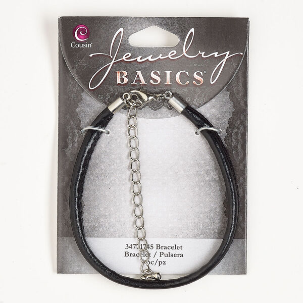 Bracelet, silver-finished brass / steel / leatherette, black, 3mm round, 7-1/2 inches with lobster claw clasp. Sold individually. image number 0