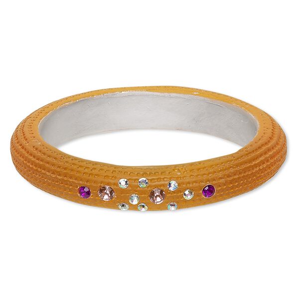 Bracelet, bangle, resin and acrylic, orange / silver / multicolored, 13mm wide with textured design, 8 inches. Sold individually. image number 0