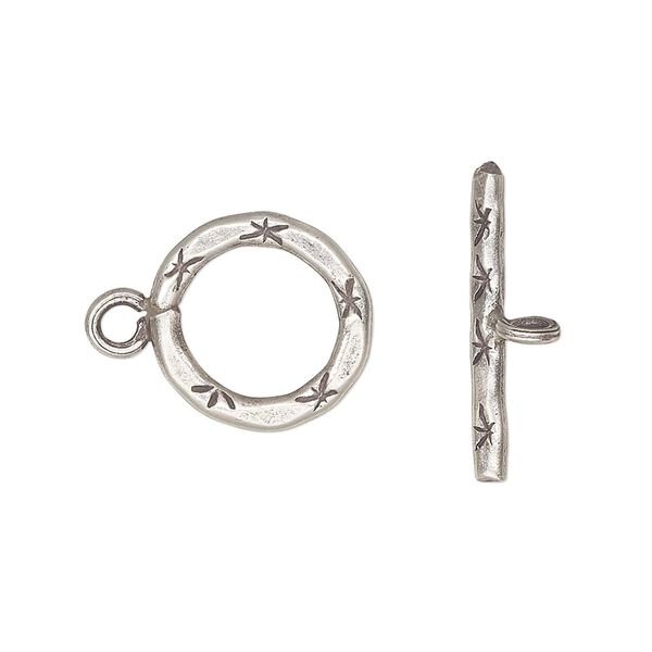 Clasp, toggle, Hill Tribes, antiqued sterling silver, 14mm fancy round. Sold individually. image number 0